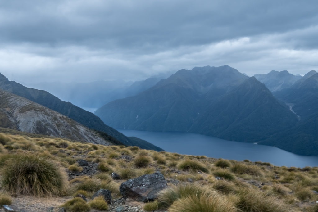 The view down to Lake Te Anau from the trail up to Mount Luxmore.